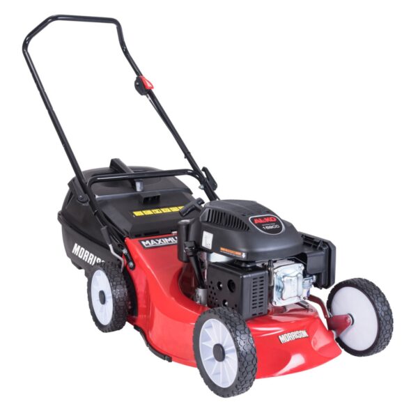 Morrison Maximus 18” aluminium mower—swing-back twin blades, auto-choke AL-KO engine, mulching and catch capabilities.